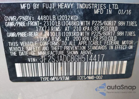 2016 Subaru Forester 2.5I Premium из США, поврежденный, VIN JF2SJADC8GH514417